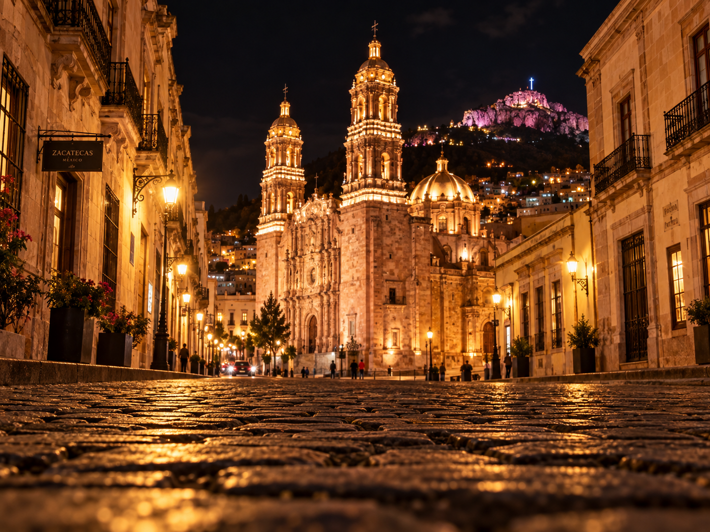Calle de Zacatecas de noche, con la Catedral y la Bufa al fondo